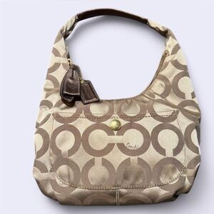 Coach Brown Signature One Shoulder Hobo Bag with bronze leather